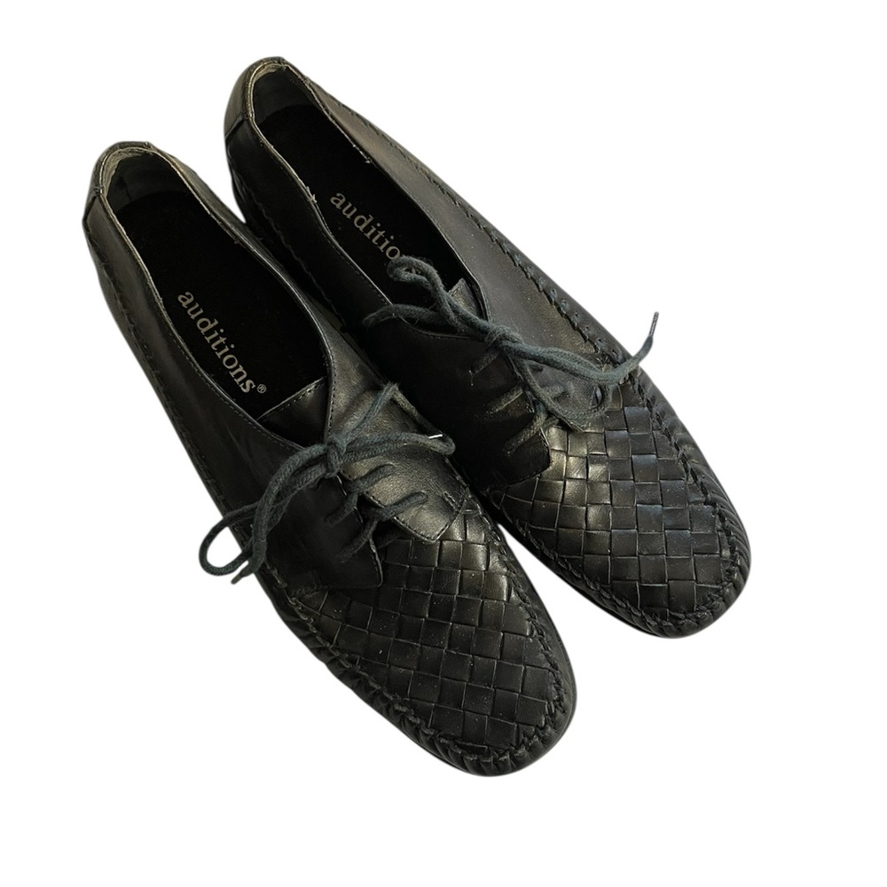Vtg Auditions Oxford Shoes Woven Leather Lace up Dark Blue Size 9 Narrow